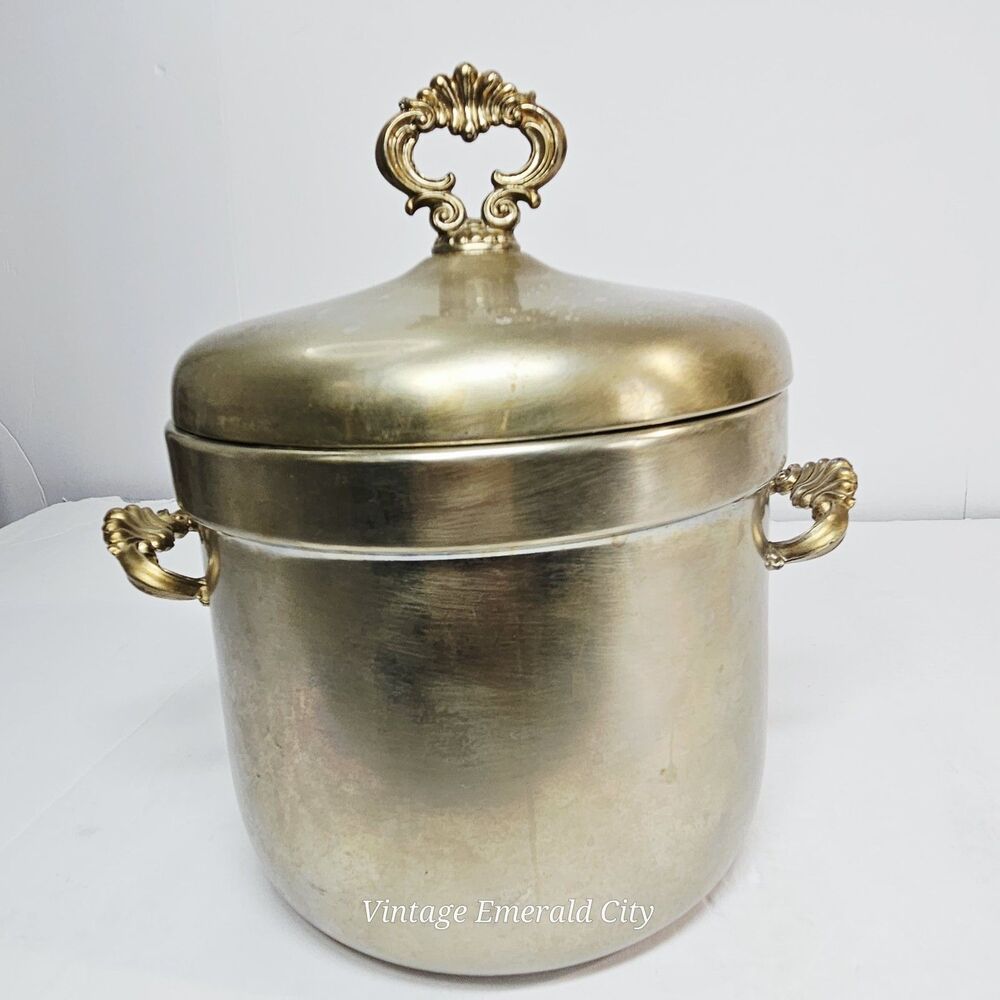 Vtg FB Rogers Victorian Silver plate Pewterlite Ice Bucket Ornate Glass Liner